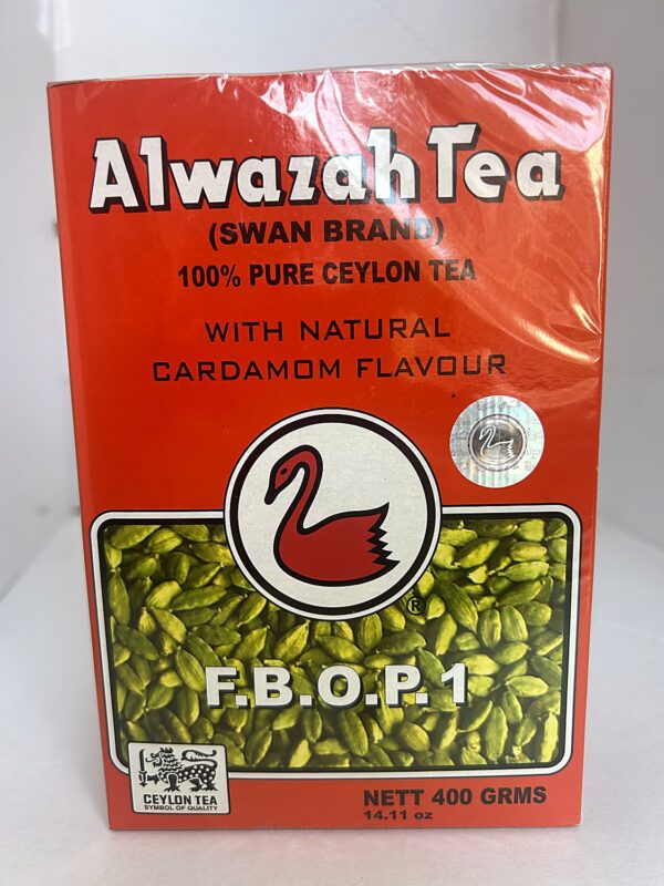 AlWazah Tea 100% Pure Ceylon Tea with natural cardamom flavour 400g front Swan Tea with Cardamom 100 bags
