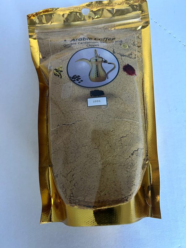 Arabic Coffee Dounle Cardamon, Saffron and Cloves 200g front Madina Arabic Coffee w. Extra Cardamom Zafaran Cloves 200g