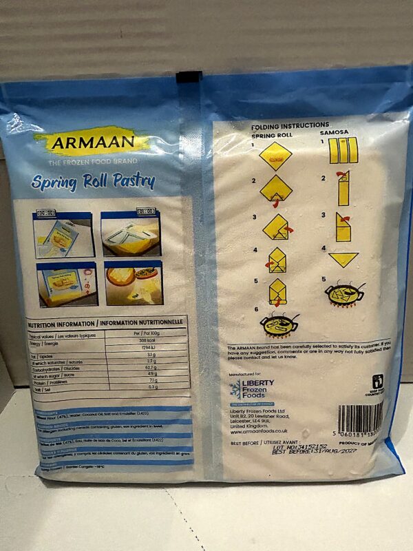 Armaan (frozen) Spring Roll PAstry 40 sheets 550g back ARMAAN Spring Roll Pastry 20x550g (8.5")