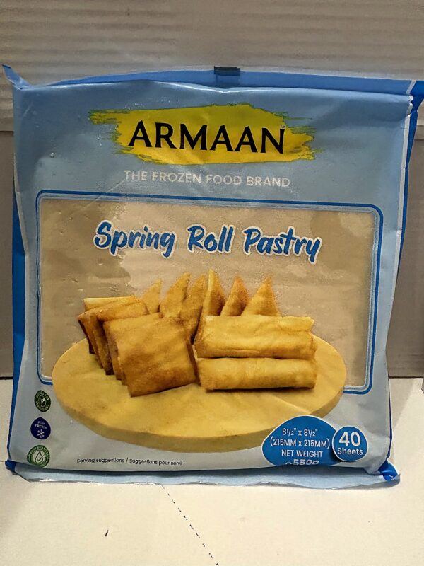 Armaan (frozen) Spring Roll PAstry 40 sheets 550g front ARMAAN Spring Roll Pastry 20x550g (8.5")