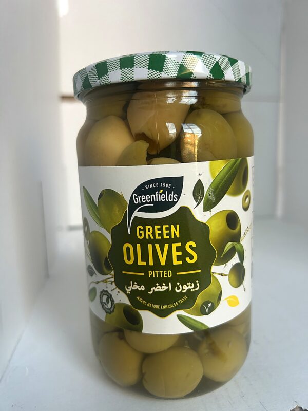 Greenfields Green Olives pitted front Greenfields Green Olives 720g