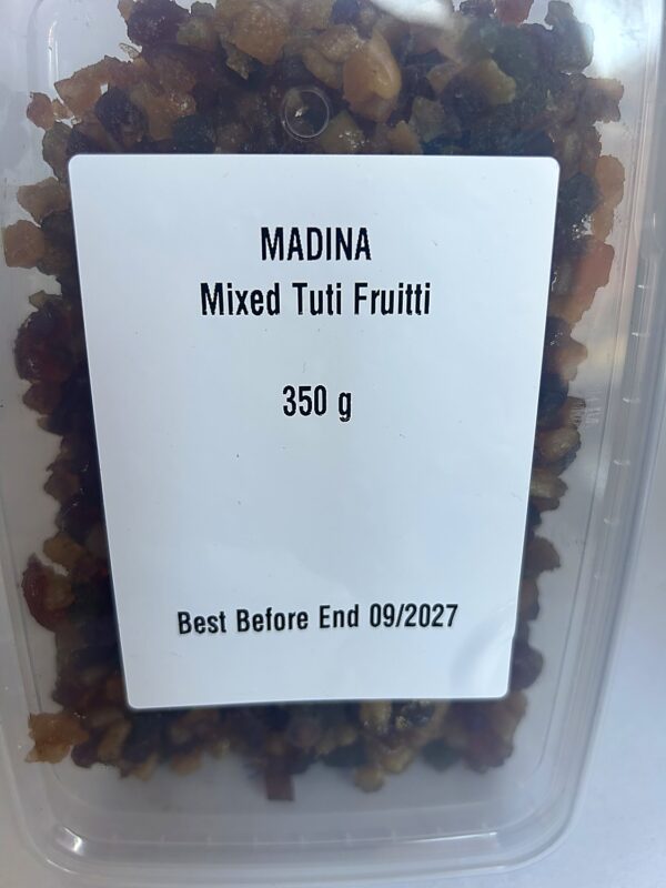 Madina Mixed Tuti Fruitti 350g front Tutti Fruiti (Trans. Box) 350g