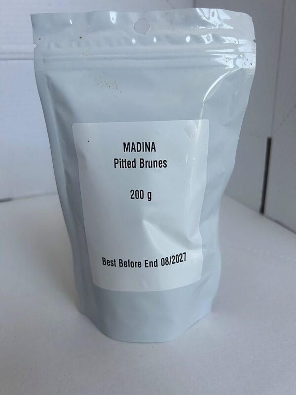 Madina Pitted Brunes 200g back Madina Pitted Prunes (Pouche) 200g