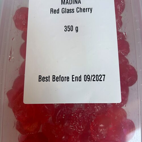 Madina Red Glass Cherry 350g front Madina Glace Cherries (Trans. Box) 350g