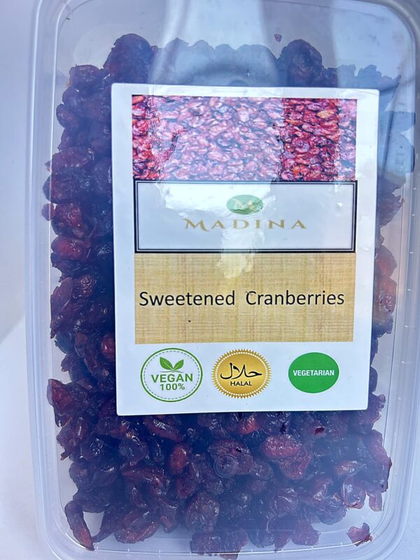 Madina Sweetened Cranberries 400g front Madina Cranberries (Trans. Box) 400g