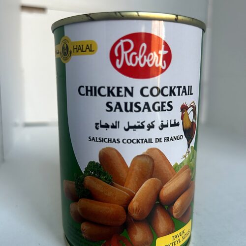 Robert Chicken Cocktail Sausages 425g front Robert Halal Chicken Cocktail Sausages 425g
