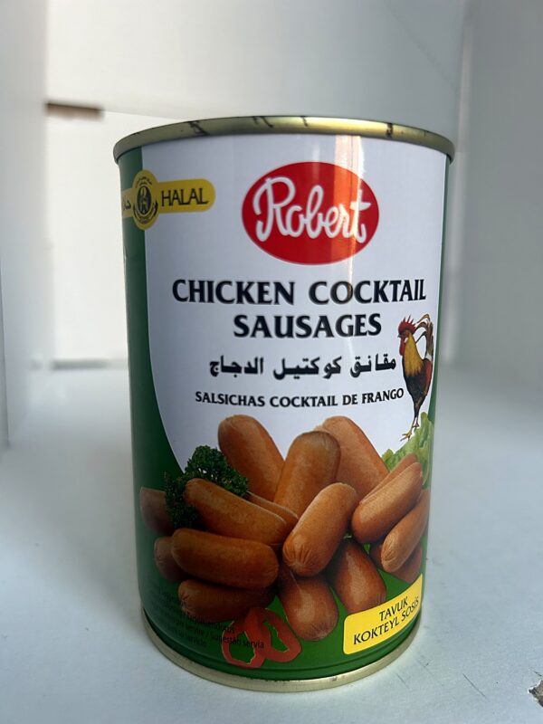 Robert Chicken Cocktail Sausages 425g front Robert Halal Chicken Cocktail Sausages 425g