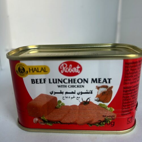 Robert Luncheon Meat with chicken 200g front Robert Halal Luncheon Beef + Chicken 200g