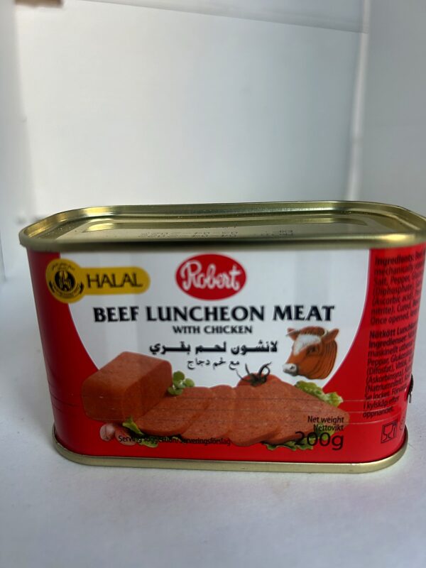 Robert Luncheon Meat with chicken 200g front Robert Halal Luncheon Beef + Chicken 200g